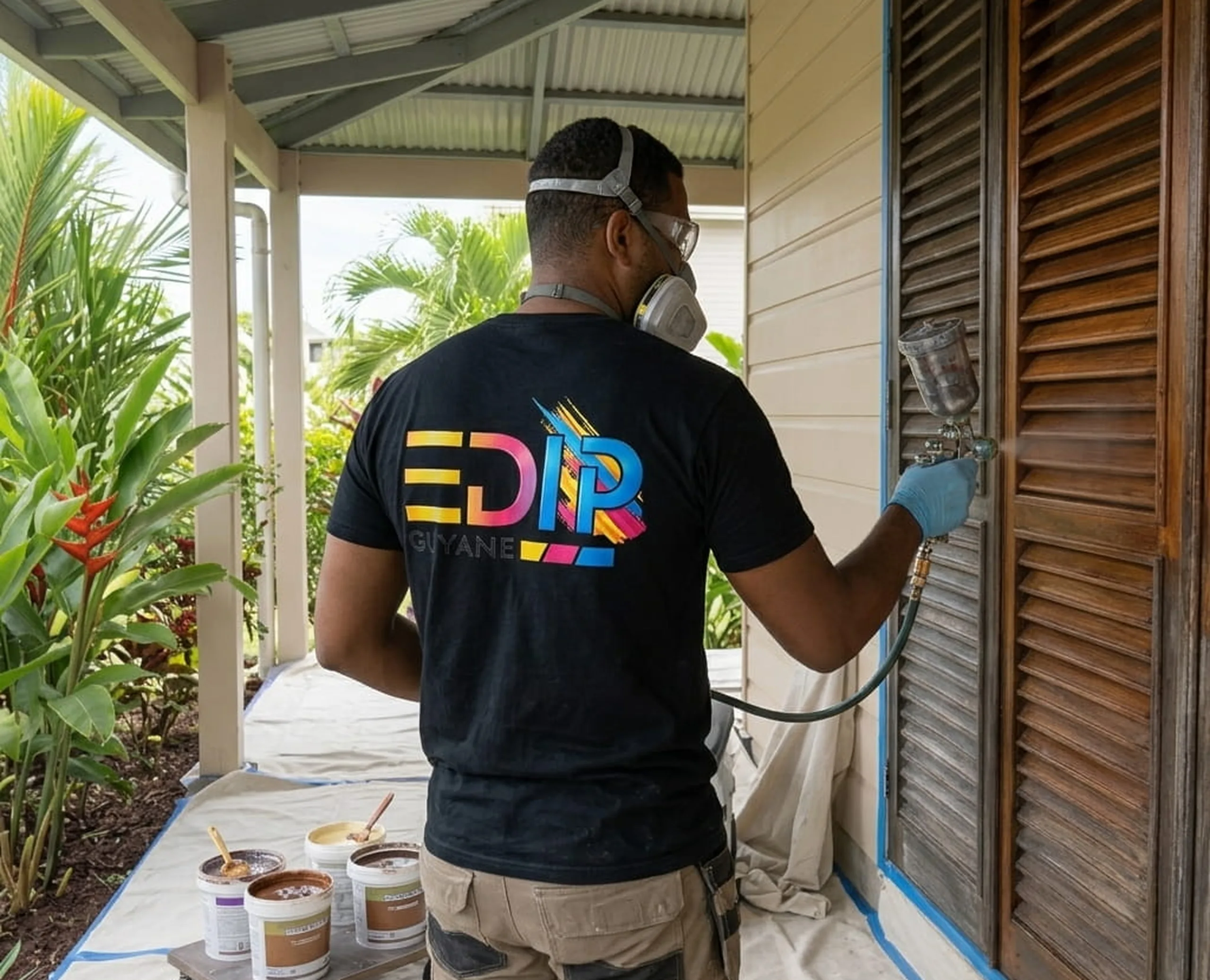 Peintre en bâtiment EDIP Guyane appliquant une lasure sur des volets en bois