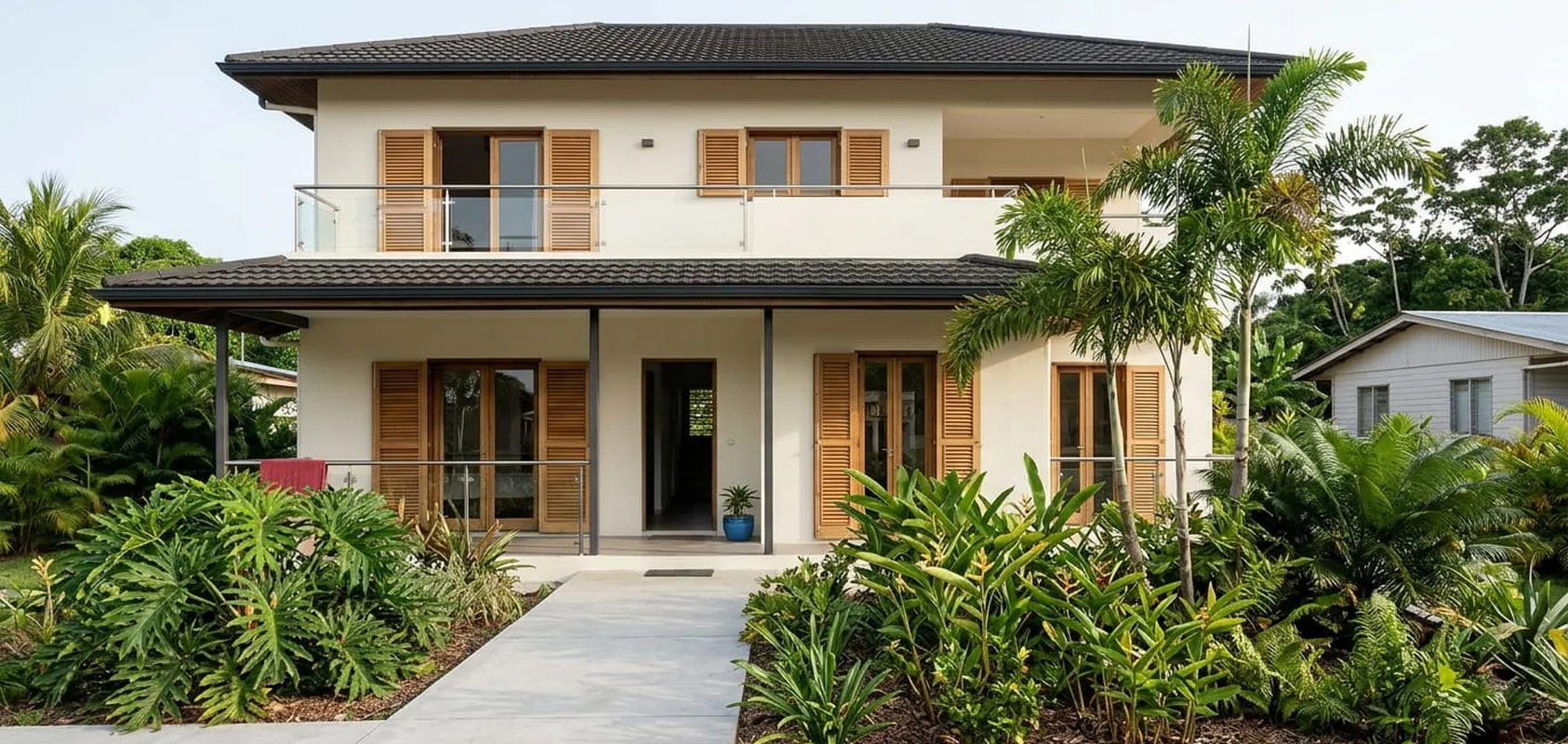 Façade de maison repeinte en Guyane, peinture extérieure et lasure des volets